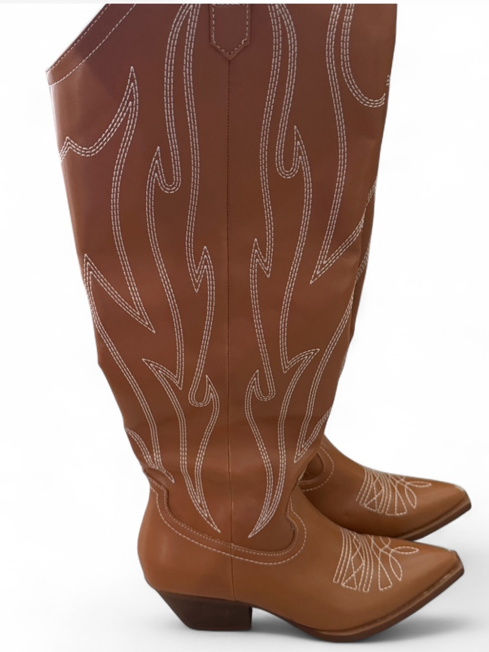 PrettyLittleThing Brown Flame Stitch Knee High Western Cowboy Boots